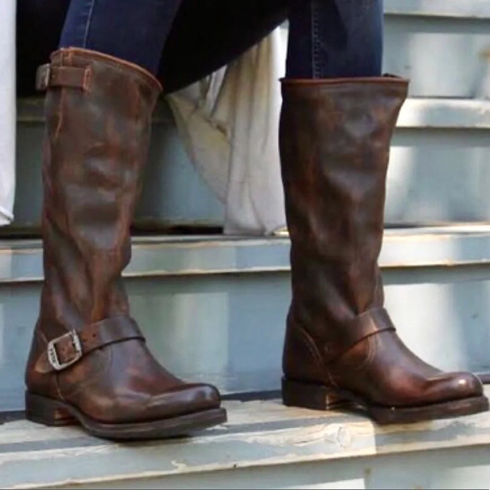 $399 Frye Veronica Slouch Tan Distressed Leather Engineer Moto Tall Buckle Boot - Picture 4 of 16